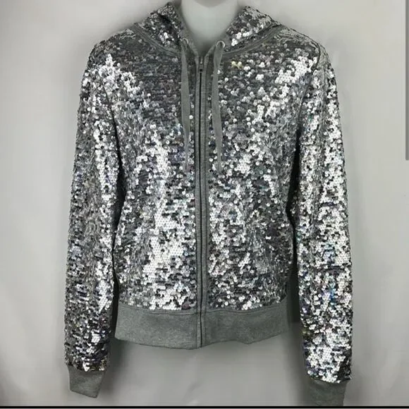 PINK Victoria's Secret Silver Sequin Bomber Jacket S - Picture 2 of 11